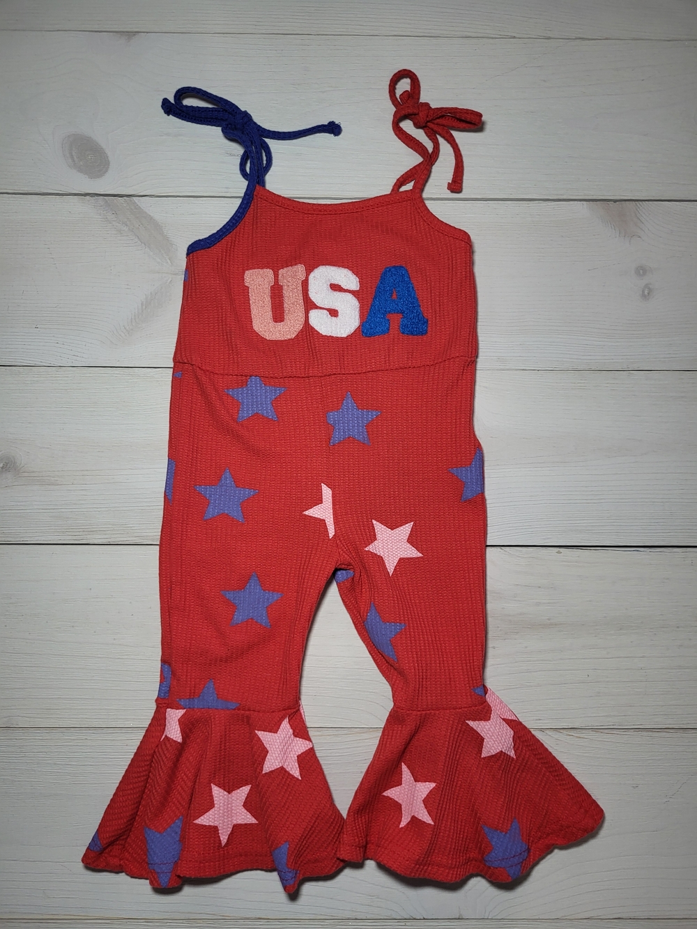 Girl's Baby USA Romper Star Bell Bottoms Cotton Waffle Knit Toddler Jumpsuit.